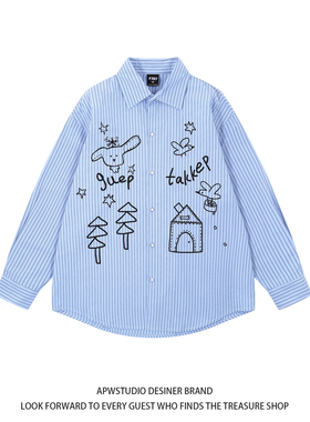 趣味小狗涂鸦蓝色条纹衬衫男女春秋学院风宽松休闲情侣衬衣外套潮