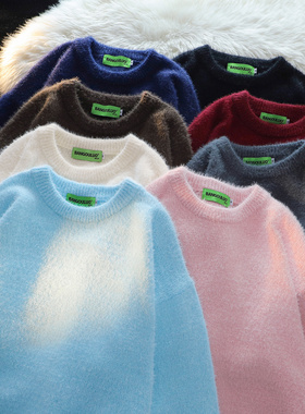 美式复古蓝色纯色学院风情侣针织衫男女春秋vintage毛衣上衣外套