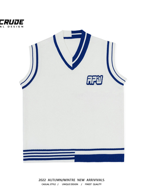 潮牌 V领绣章无袖毛衣春秋季男女百搭情侣款潮流学院风背心针织衫