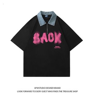 APWSTUDIO美式 字母印花撞色牛仔polo领短袖 t恤潮牌宽松重磅情侣衫