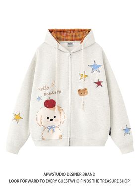 APWSTUDIO美式格纹拼接小熊印花连帽卫衣开衫女男秋季慵懒风外套