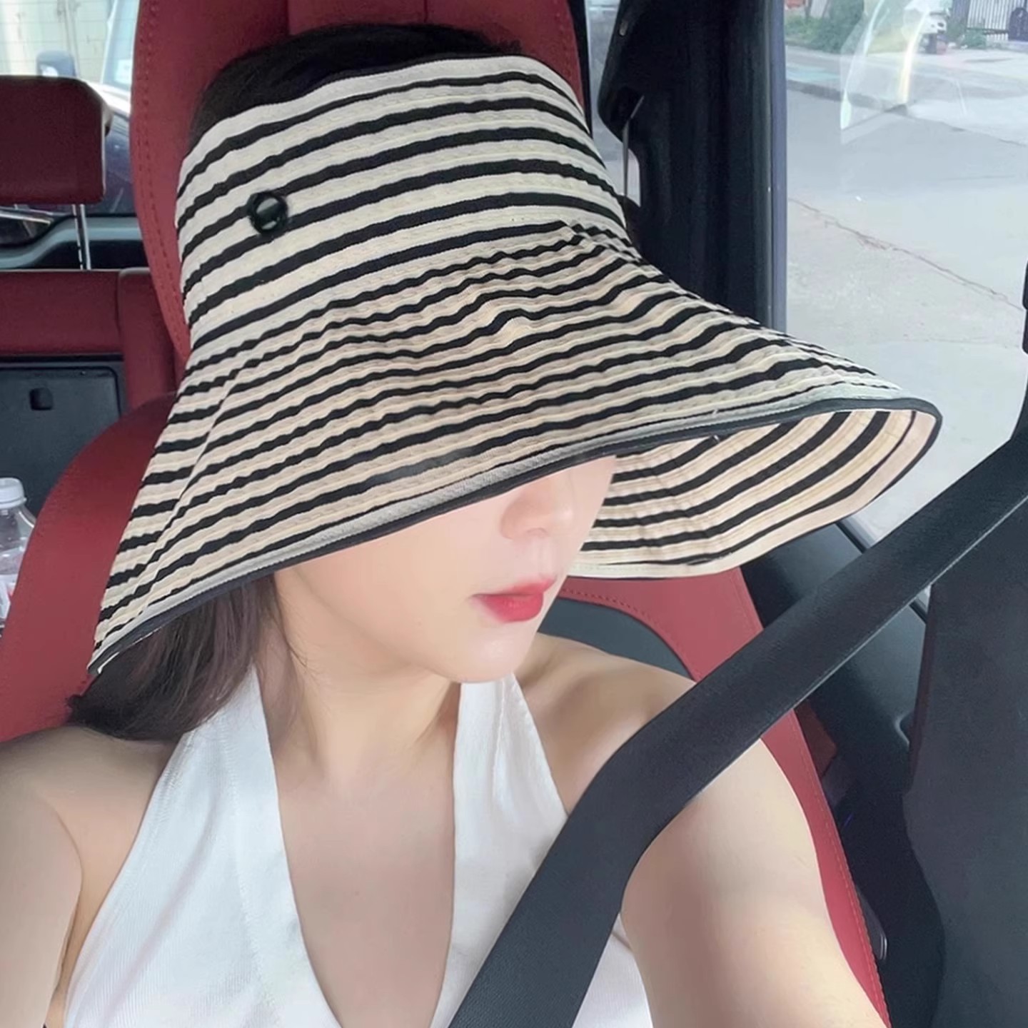韩版条纹空顶帽子女夏季防紫外线大帽檐遮阳帽可折叠大头围防晒帽