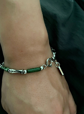 加格 男女国潮新中式可调节钛钢手链绿色竹节拼接设计感小众配饰