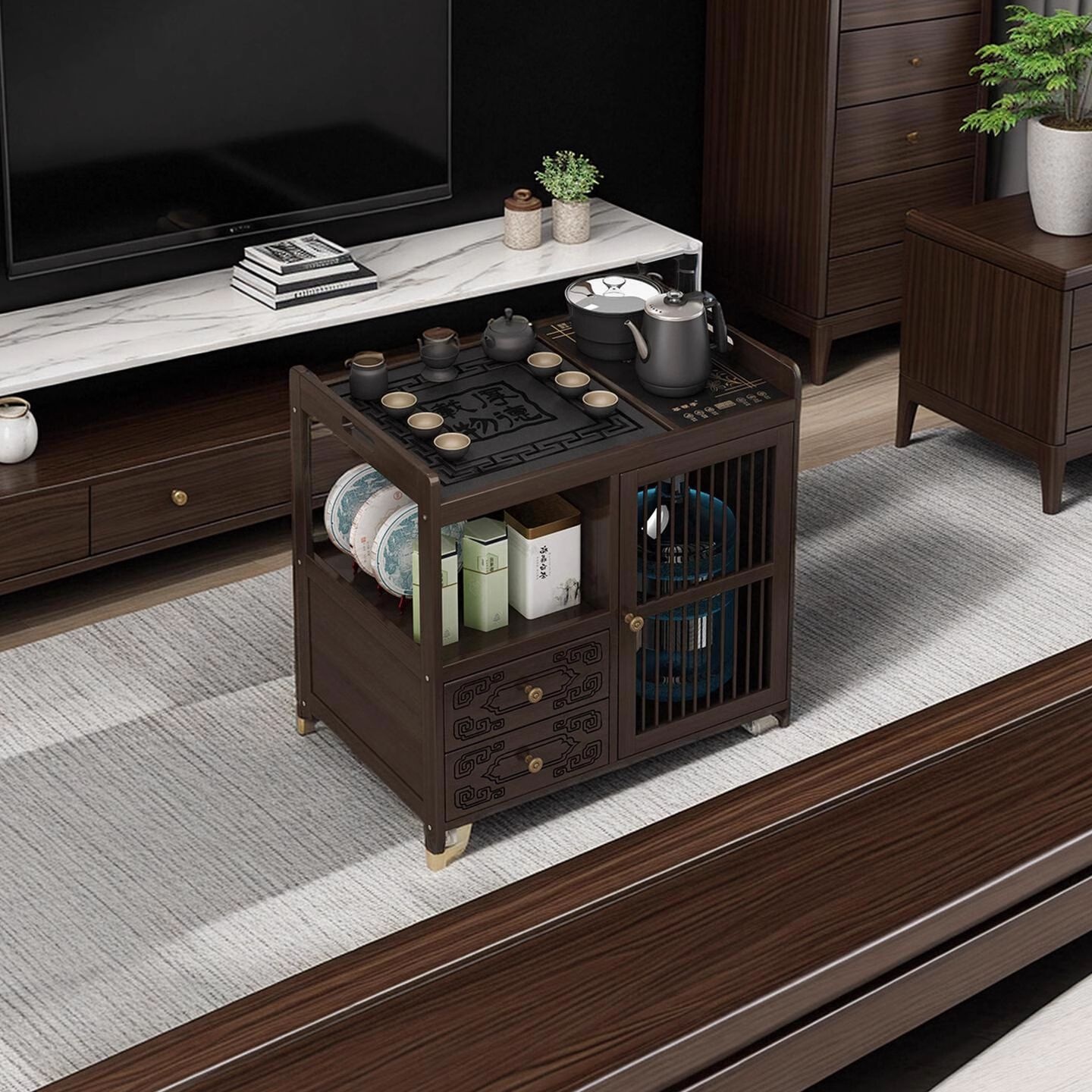 胡桃色茶车烧水壶一体茶台家用小茶台新中式移动泡茶桌客厅茶边