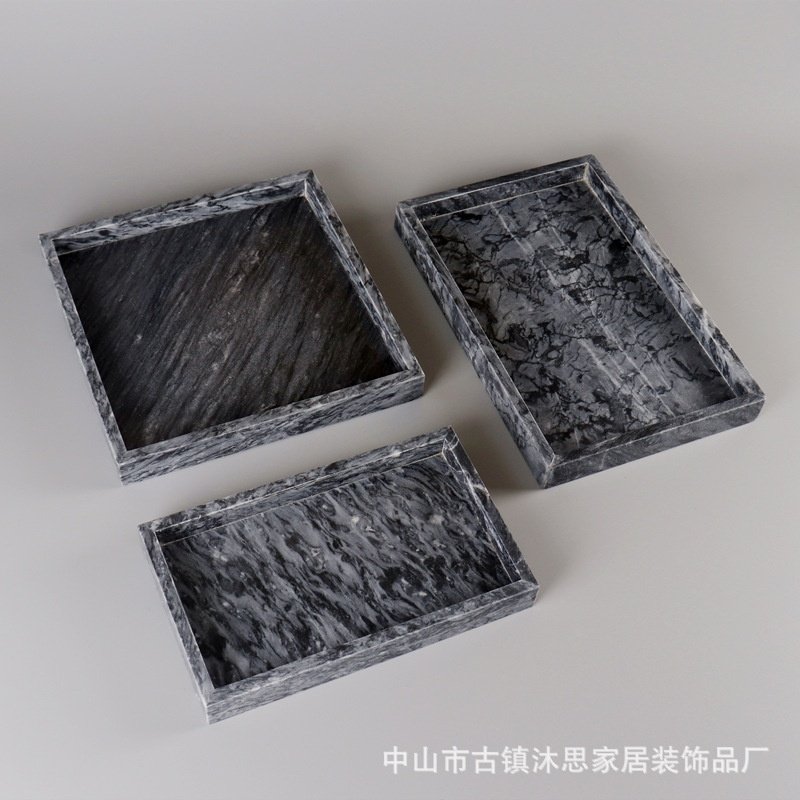 酒店样板间卫浴洗漱托盘蛋糕盘家居化妆品黑色天然大理石方形托盘