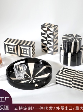 梵茜木质亮光钢琴烤漆家居摆件套装黑白条纹收纳首饰盒托盘摆件