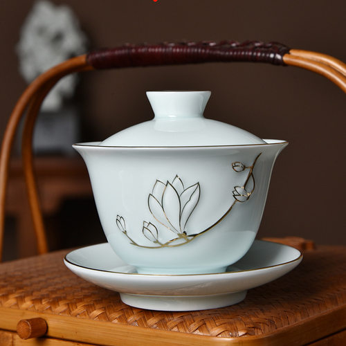 陶瓷三才盖碗家用功夫茶具泡茶碗带盖白瓷描金茶杯单个泡茶器天青