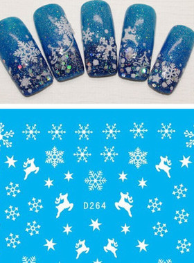 日系白色雪花水印美甲贴纸/光疗指甲油贴花 圣诞雪花天使麋鹿