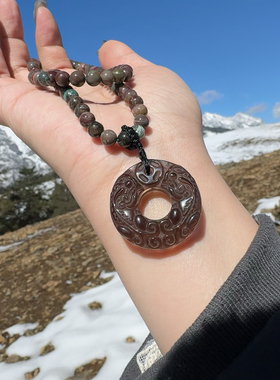 天然冰种黑曜石双貔貅吊坠阿拉善老料彩玉饰品情侣款平安扣项链