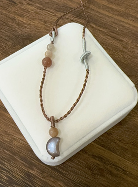 黑体日光石弯月天然水晶橙月光手工编绳项链棕色项链绳吊坠挂绳女