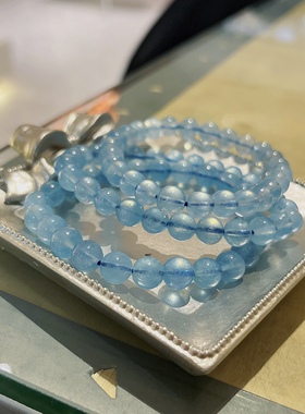 灵晶天然冰种海蓝宝手链润蓝冰透海蓝宝石水晶手串女饰品礼物
