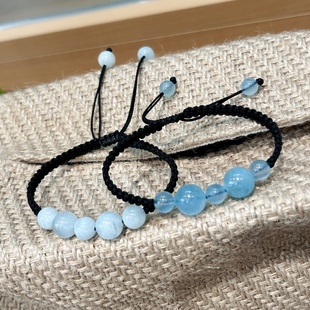 天然海蓝宝水星球石手工编绳手链编织黑绳手绳清新气质ins男女