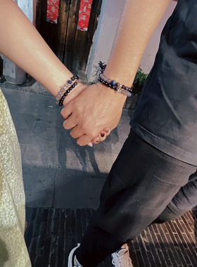 「星月」情侣蓝色星月天然蓝晶石灰月光蓝砂石情侣手链一对男女