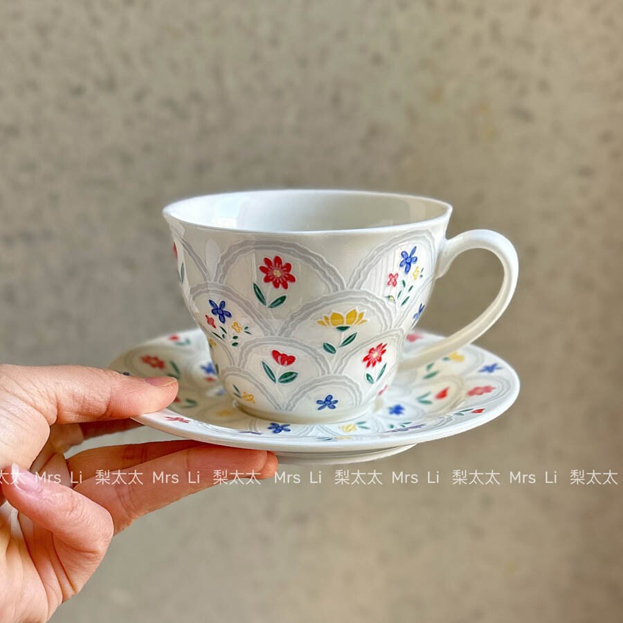 梨太太|陶瓷浮雕咖啡杯碟ins小清新杯子高颜值复古小碎花下午茶杯,餐饮具,咖啡杯,淘宝优惠券,粉丝福利购,淘宝优惠卷