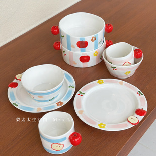 陶瓷苹果狗卡通可爱釉下彩米饭碗家用高颜值餐具甜品早餐碗喝汤碗