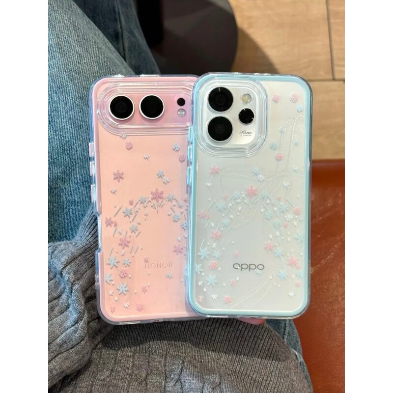 粉蓝小雪花适用苹果17/16promax透色手机壳iPhone15plus全包防摔14/13pro高颜值小米15vivo华为p70男女oppo潮