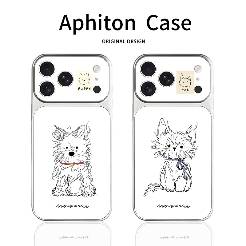 线条炸毛小猫小狗适用苹果17ProMax电镀康宁手机壳适用iPhone16情侣款15pro大视窗14/13pro全包12promax/11软