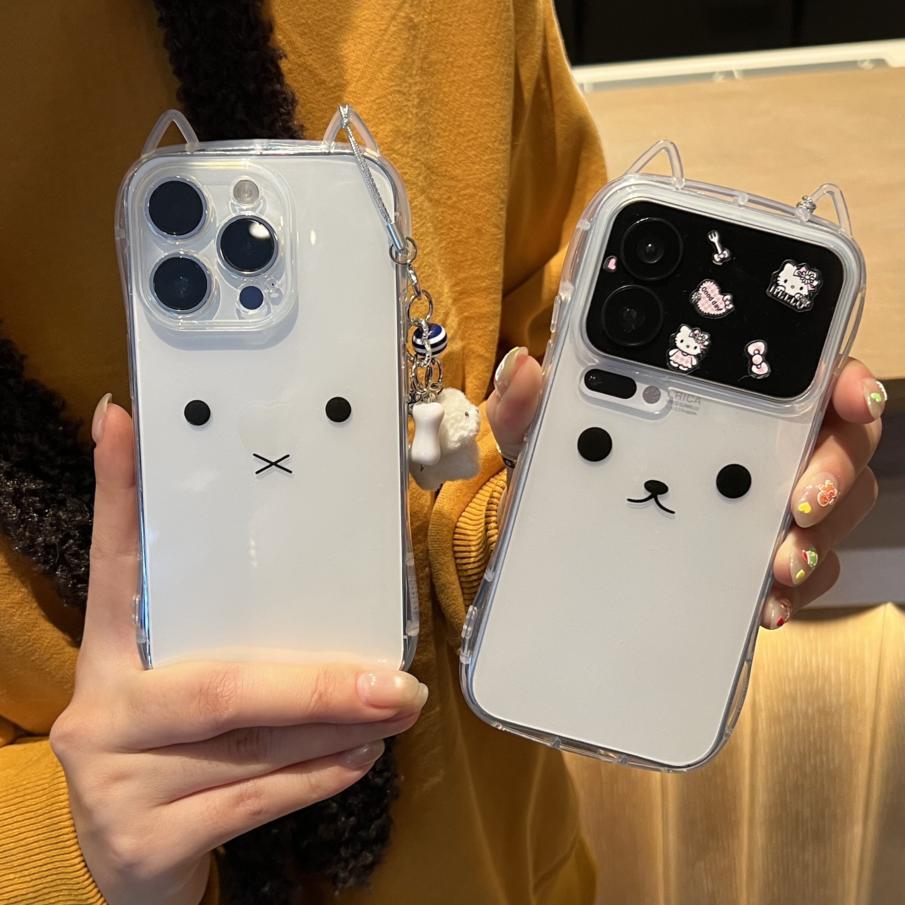 兔熊表情小狗挂链适用苹果17promax猫耳朵手机壳iPhone16/15/14/13pro全包透明vivo华为P70小米17oppo情侣套