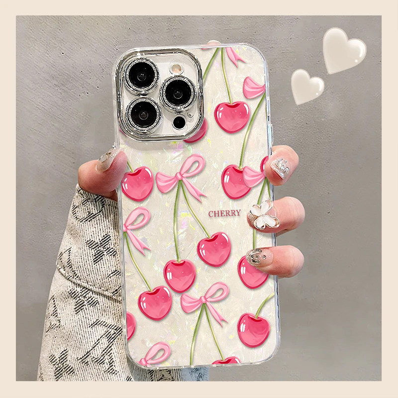 蝴蝶结粉樱桃适用苹果17promax轻奢高级贝壳纹手机壳iPhone16pro清新15pro小众创意14/13pro全包防摔12女款11