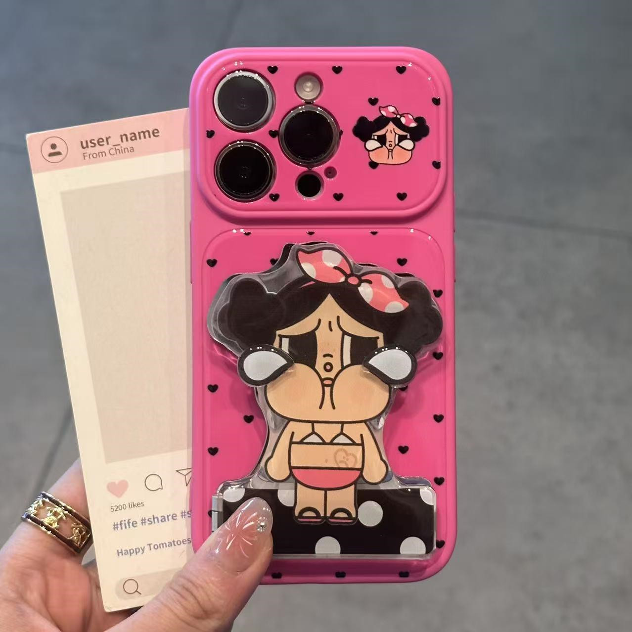 卡通哭娃镜子支架适用苹果17/16promax柔彩大视窗手机壳iPhone15plus新款14/13promax小众创意12防摔11女款套