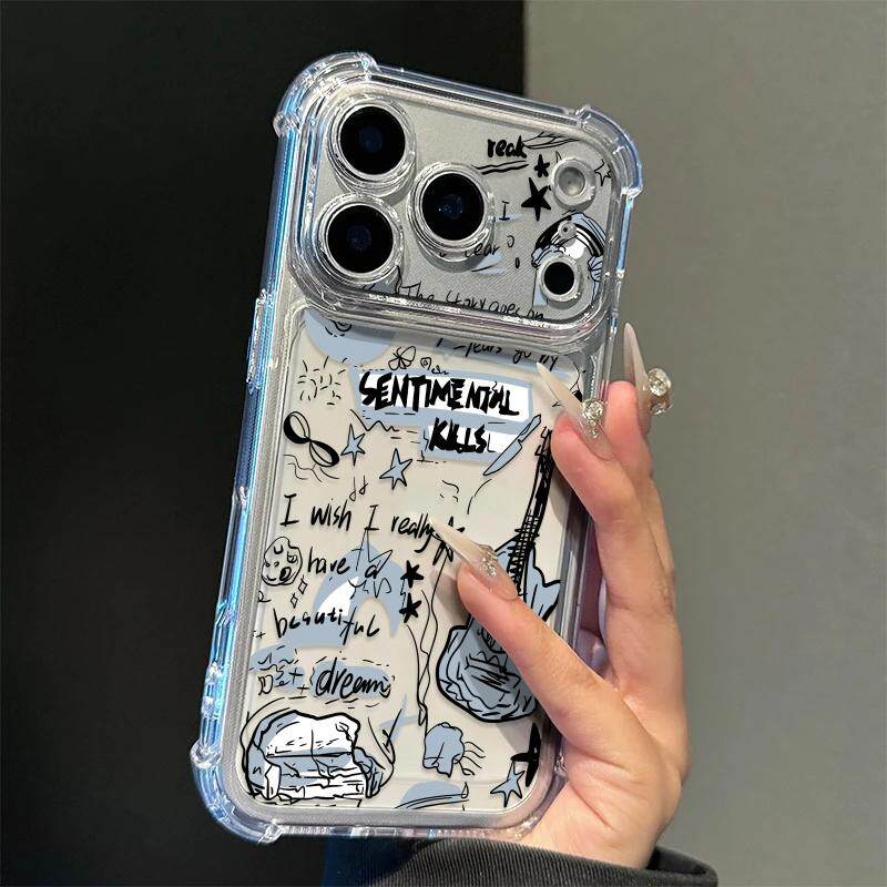 涂鸦线条吉他适用苹果17promax四角防摔气囊手机壳iPhone16/15/14/13pro全包透明vivo华为P70小米17oppo新款