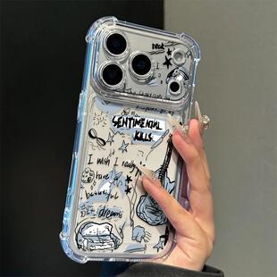 13pro全包透明vivo华为P70小米17oppo新款 涂鸦线条吉他适用苹果17promax四角防摔气囊手机壳iPhone16