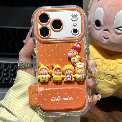 可爱立体星人贴件支架适用苹果17/16promax奶油羽纱手机壳iPhone15/14/13pro全包防摔vivo华为p70小米17oppo