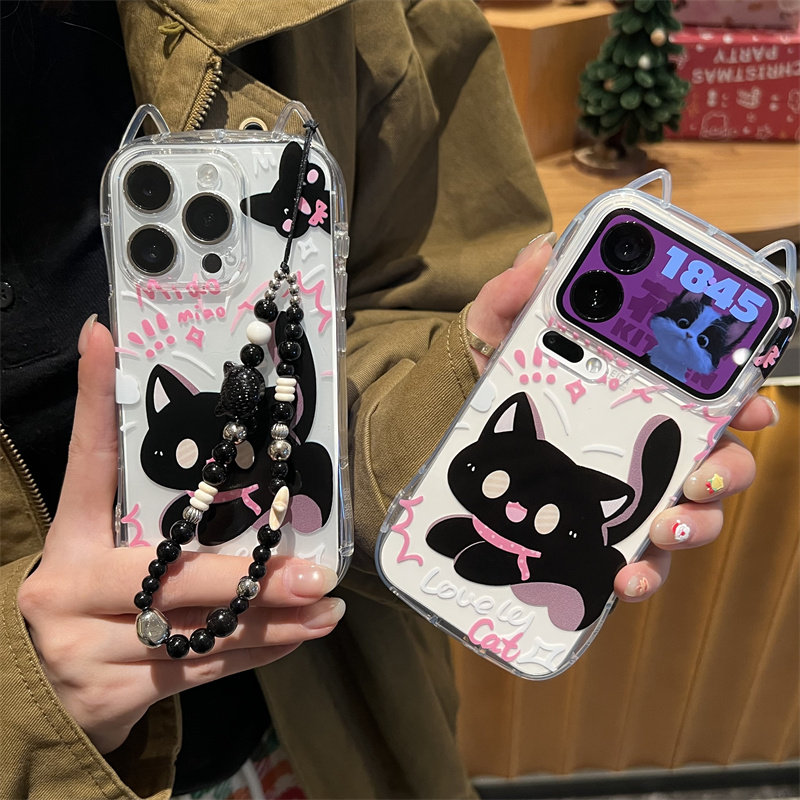 卡通惊吓黑猫挂链适用苹果17promax猫耳朵手机壳iPhone16/15/14/13/12pro全包透明vivo华为P70小米17oppo女款