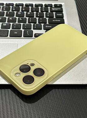 简约黄色玻璃壳适用苹果17promax水晶镜头框手机壳iPhone16pro新款16plus小众男女11/12/13/14/15pro防摔保护