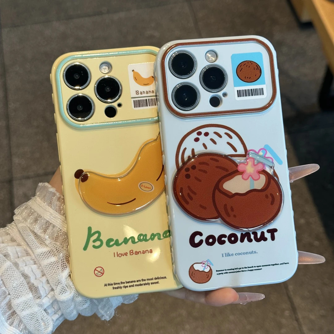 立体香蕉椰子贴件适用苹果17/16promax大视窗手机壳适用iPhone15pro/14/13侧边爱心适用华为vivo小米oppo软套