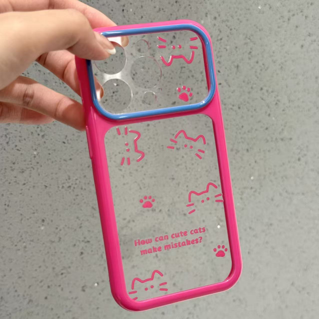 深蓝框玫红可爱猫透明壳适用苹果16秒变17promax大视窗手机壳iPhone新款15pro简约14/13pro全包12个性11男女