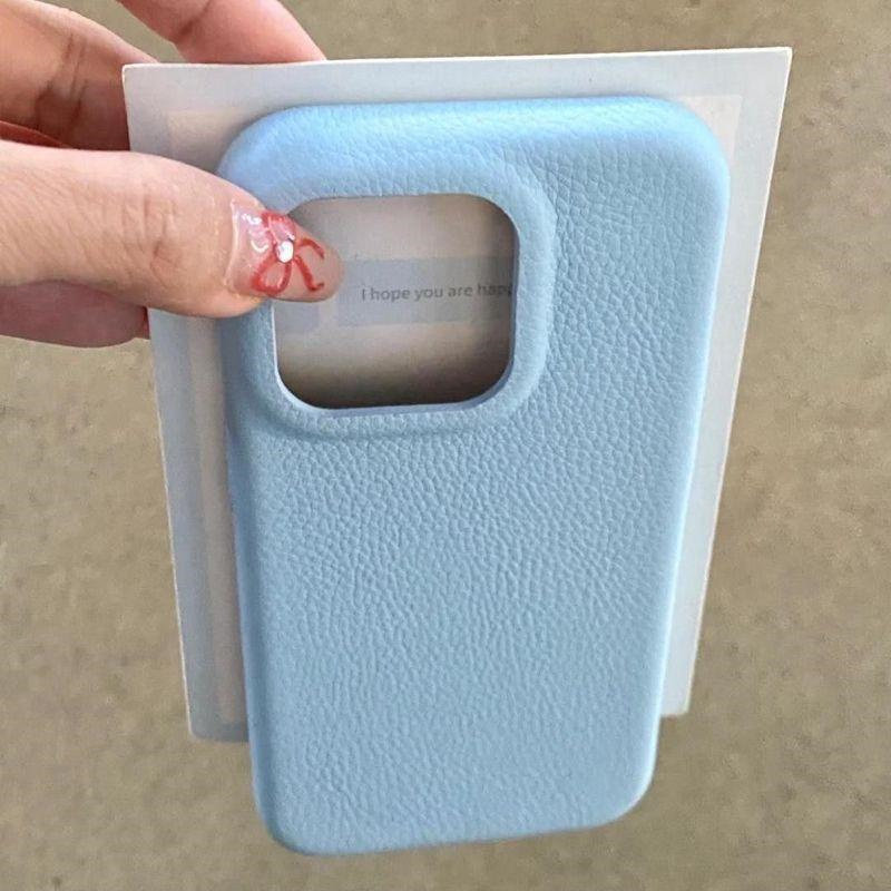 天蓝纯色皮革纹适用苹果17/16promax手机壳iPhone16/15/14/13pro磨砂亲肤感vivo华为p70小米17oppo防摔保护套