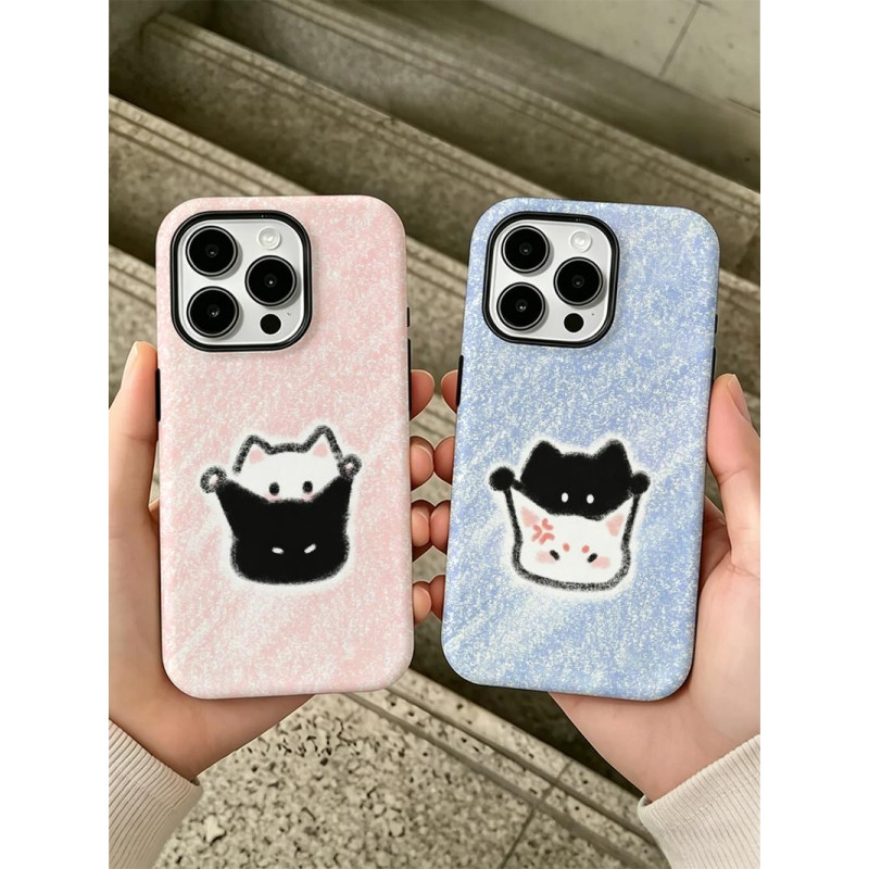 蜡笔抓耳猫咪情侣适用苹果17/16promax菲林二合一手机壳iPhone15/14/13pro小众创意vivo华为P70小米17oppo套