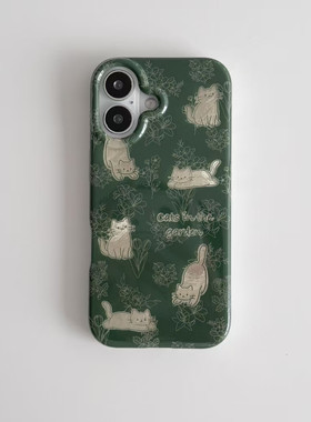 墨绿花朵小猫适用苹果17promax冰川手机壳iPhone16/15/14/13pro全包防摔vivo华为P70小米17复古风oppo女款套