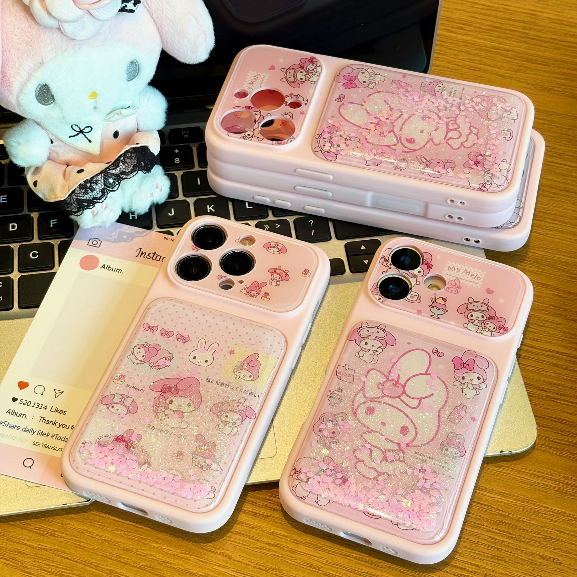 波点粉色美乐蒂适用苹果17promax/16/15流沙壳适用华为Pura90/vivoX300/oppoReno16/小米17康宁大视窗手机壳