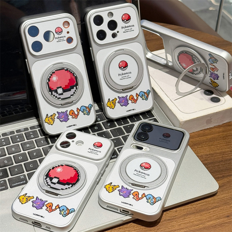 像素宝可梦支架适用苹果17/16promax电镀手机壳iPhone15/14pro防摔AIR华为p70vivo小米17oppo磨砂保护套