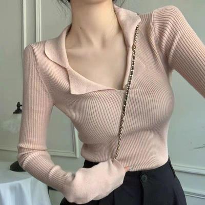 polo领毛衣修身显瘦针织衫女秋冬新款内搭打底纯欲针织上衣女长袖