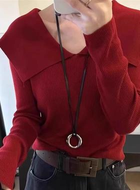 2025秋季新款减龄大翻领包芯纱针织衫女娃娃领修身内搭毛衣打底衫