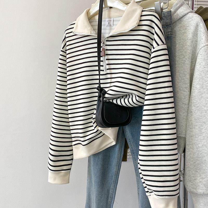 实拍条纹复合340G卫衣女春秋2025翻领长袖拉链上衣大码女装200斤