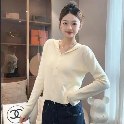 美式辣妹黄色连帽针织衫女秋季设计感修身收腰长袖毛衣内搭短上衣