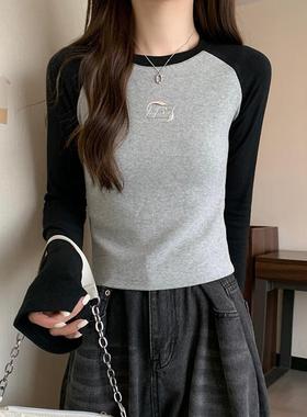 实拍长袖t恤薄款2025早春新款短款修身插肩袖圆领打底衫上衣女装