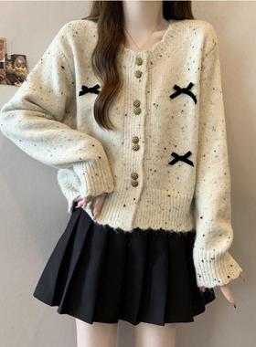 小香风蝴蝶结彩点针织开衫女款宽松显瘦毛衣外套春秋法式甜美上衣
