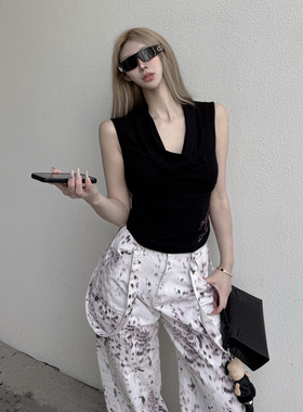 SOFITTE 25SS黑色不对称时尚夏季新款荡领烫钻无袖弹力吊带背心