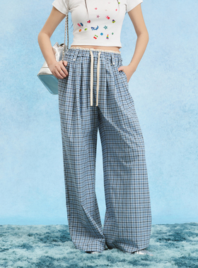 SOFITTE 25SS蓝色miu系格纹撞色拼接腰头宽松直筒阔腿休闲裤男女