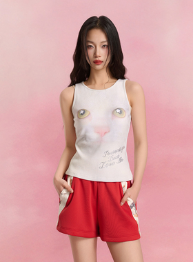 SOFITTE 25SS白色猫咪时尚满印烫钻夏季新款百搭工字短袖吊带背心