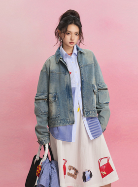 SOFITTE 25SS蓝色复古水洗做旧牛仔外套时尚百搭宽松工装夹克男女