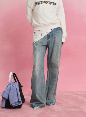 SOFITTE 25SS复古蓝色时尚裂纹水洗放射烫钻宽松阔腿牛仔长裤男女
