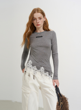 SOFITTE 25AW灰色斜拼蕾丝圆领长袖T恤休闲百搭修身女款