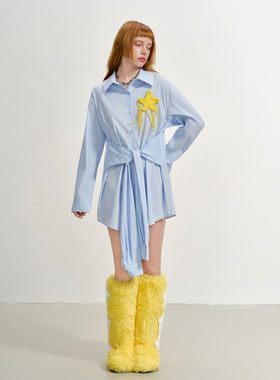 【李莎雯子同款】SOFITTE 25AW 蓝色毛织星星绑带条纹衬衫连衣裙