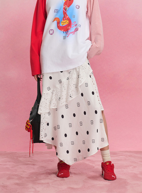 SOFITTE 25SS白色波点印花不规则休闲A字裙拼接蕾丝荷叶边半身裙